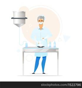 Chemist flat color vector illustration. Cosmetics industry. Man in laboratory. Beauty solution development. Lab worker. Guy mixing substances. Isolated cartoon character on white background
