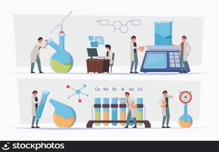 Chemist professor. Biology research processes in medical laboratory scientists experience garish vector flat background. Illustration of laboratory science, research chemistry experiment. Chemist professor. Biology research processes in medical laboratory scientists experience garish vector flat background