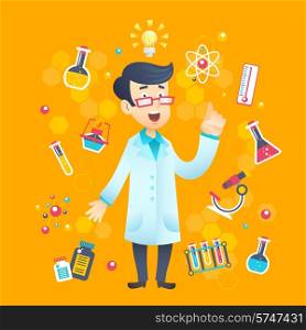 Chemist scientist character with scientific and education test equipment vector illustration