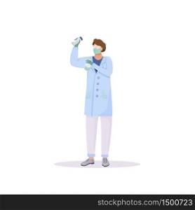 Chemist with flasks flat color vector faceless character. Scientific research. Man wearing face mask and protective goggles isolated cartoon illustration for web graphic design and animation. Chemist with flasks flat color vector faceless character