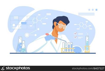 Chemist working in lab. Scientist using test tubes flat vector illustration. Chemical experiment, laboratory concept for banner, website design or landing web page