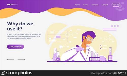 Chemist working in lab. Scientist using test tubes flat vector illustration. Chemical experiment, laboratory concept for banner, website design or landing web page