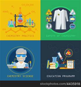 Chemistry 2x2 Design Concept Set. Chemistry 2x2 design concept set with laboratory equipment education program practical experiment and safety flat vector illustration