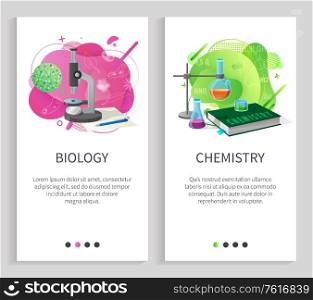 Chemistry and biology science studying vector, school or university disciplines, microscope with bacteria research and examination, substances. Website or slider app, landing page flat style. Biology and Chemistry School Subjects University