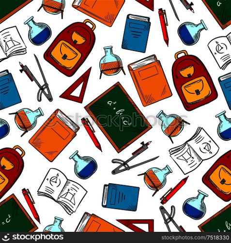 Chemistry and mathematics science background with school blackboards, books and pencils, notebooks, pens and triangle rulers, laboratory glass flasks, compasses and backpacks seamless pattern. School supplies and objects seamless pattern