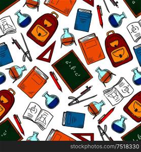 Chemistry and mathematics science background with school blackboards, books and pencils, notebooks, pens and triangle rulers, laboratory glass flasks, compasses and backpacks seamless pattern. School supplies and objects seamless pattern
