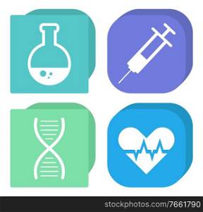 Chemistry and medicine icons, flask and syringe, DNA and heart vector. Pharmacy and lab experiments tools, genetics and vaccination. Cardiology and chemical tests, scientific research illustration. Flask and Syringe, DNA and Heart Isolated Icons