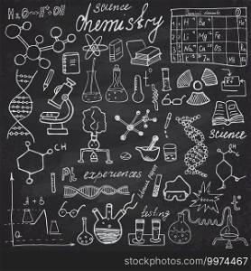 Chemistry and sciense elements doodles icons set. Hand drawn sketch with microscope, formulas, experiments equpment, analysis tools, vector illustration on chalkboard background.. Chemistry and sciense elements doodles icons set. Hand drawn sketch with microscope, formulas, experiments equpment, analysis tools, vector illustration on chalkboard background