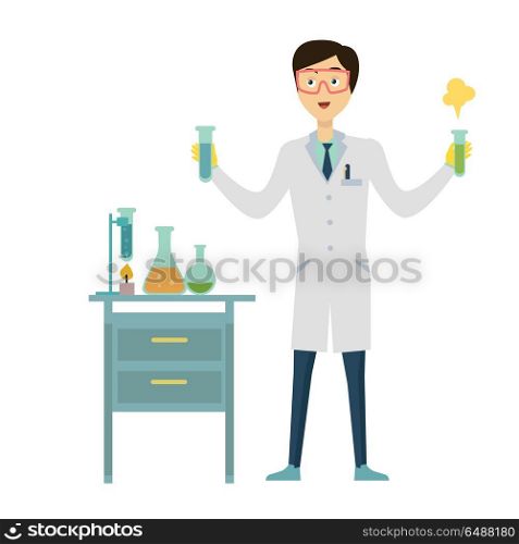 Chemistry Banner Concept Flat Style. Chemistry banner concept flat style. Scientist chemist in a laboratory flask in hands holds a science experiment isolated on a white background. Technology research and experiment. Vector illustration
