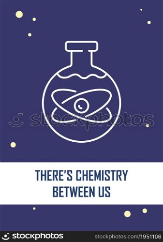Chemistry between us blue postcard with linear glyph icon. Greeting card with decorative vector design. Simple style poster with creative lineart illustration. Flyer with holiday wish. Chemistry between us blue postcard with linear glyph icon