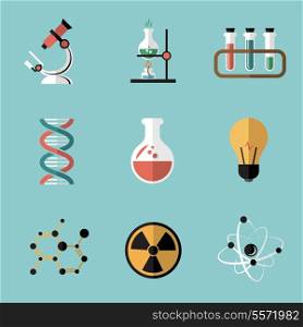Chemistry bio technology science flat icons set of molecule nuclear power and microscope for school education isolated vector illustration