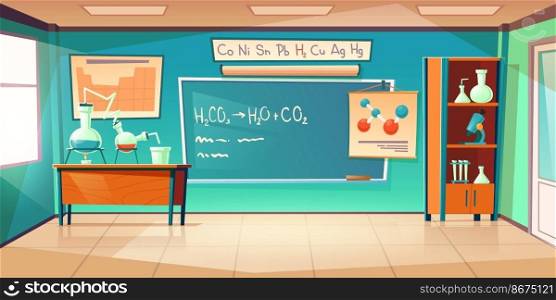 Chemistry cabinet, empty classroom laboratory interior with chemical formula on blackboard, beakers for experiments on desk, furniture and school supplies. Educational room cartoon vector illustration. Chemistry cabinet, classroom laboratory interior