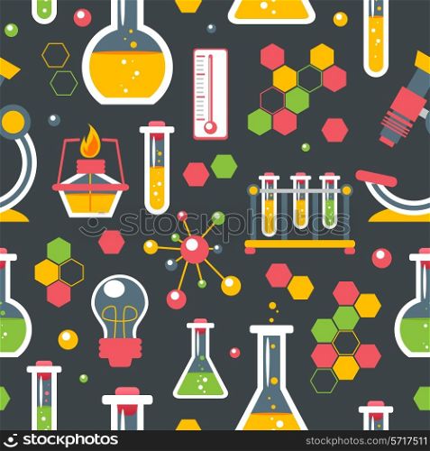 Chemistry colored seamless pattern with scientific research glassware equipment vector illustration