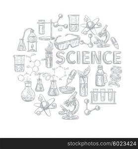 Chemistry Concept Composition . Chemistry sketch concept with school learning and science symbols vector illustration