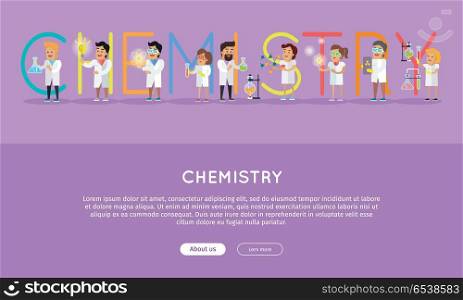 Chemistry conceptual vector web banner. Flat style. Scientists characters at work. Horizontal illustration for educational online services, startups, corporate web sites, business landing pages design. Chemistry Conceptual Flat Style Vector Web Banner . Chemistry Conceptual Flat Style Vector Web Banner