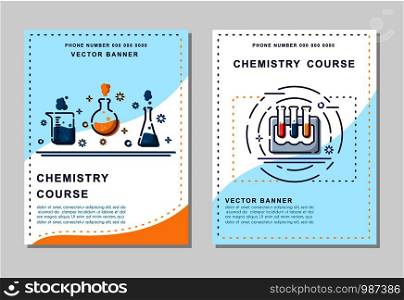 Chemistry course or lesson - banner templates. Flyer, booklet, leaflet, cover, poster with line icons. Science, education, concept. laboratory stuff - page layouts for magazines, advertising. Laboratory Flasks Icon Set