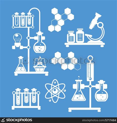 Chemistry decorative icons white set with laboratory flasks tubes isolated vector illustration