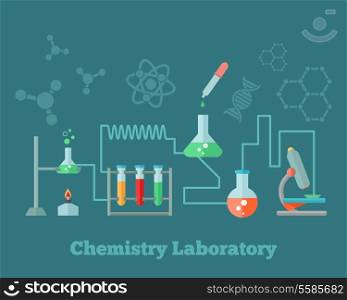 Chemistry education research laboratory equipment microscope emblem with background dna molecule structure formulas concept poster vector illustration