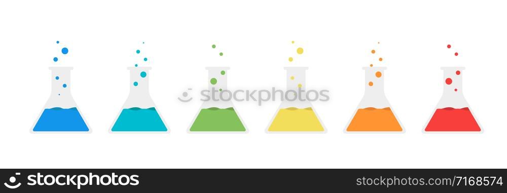 Chemistry flacks with colorful substances. Isolated vector illustration. Science, education, medical. Medicine, biology concept. Flask vector illustration. Laboratory equipment. EPS 10