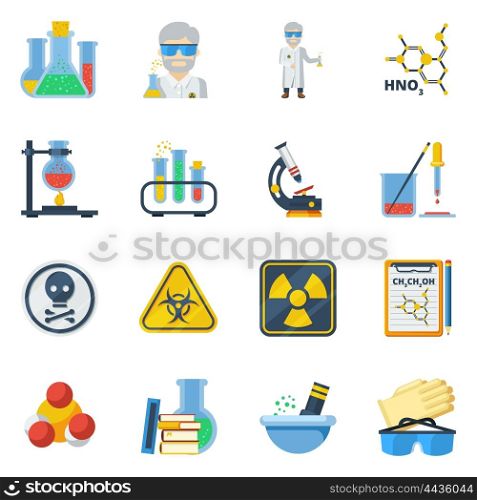 Chemistry Flat Color Icons Set . Chemistry flat color icons set with microscope burner ventilation laboratory equipment isolated vector illustration