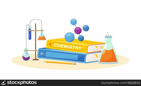 Chemistry flat concept vector illustration. School subject. Lab analysis. Natural science metaphor. Practical class. University course. Student textbook and laboratory flasks items 2D cartoon objects. Chemistry flat concept vector illustration