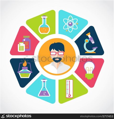 Chemistry flat concept with lab research equipment and scientist in the middle vector illustration