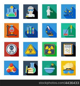 Chemistry Flat Icons Set In Colorful Squares . Chemistry flat icons set in colorful squares with scientist person elements of safety work in laboratory structure of molecule isolated vector illustration