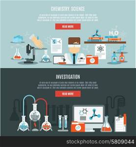 Chemistry horizontal banner set with science and investigation flat elements isolated vector illustration. Chemistry Banner Set