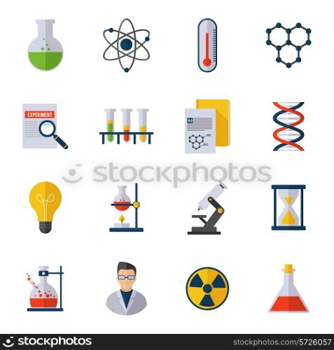 Chemistry icon flat set with scientist atom molecule dna isolated vector illustration
