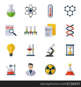 Chemistry icon flat set with scientist atom molecule dna isolated vector illustration