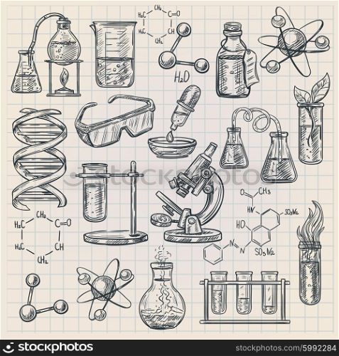 Chemistry Icon In Doodle Style. Chemistry icon in doodle style with burner flask dna structure and formulas of organic substances isolated vector illustration