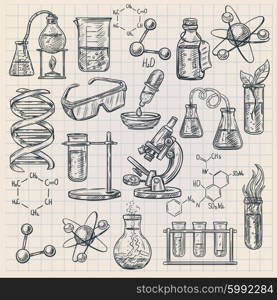 Chemistry Icon In Doodle Style. Chemistry icon in doodle style with burner flask dna structure and formulas of organic substances isolated vector illustration