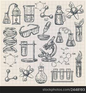Chemistry icon in doodle style with burner flask dna structure and formulas of organic substances isolated vector illustration . Chemistry Icon In Doodle Style