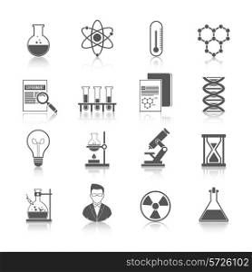 Chemistry icons black set with molecule structure microscope radiation warning sign isolated vector illustration