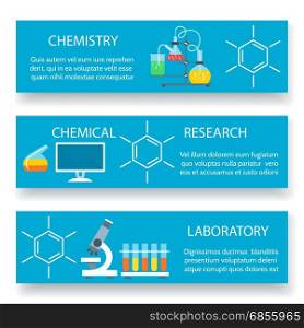 Chemistry lab banners set. Chemistry lab banners. Vector science experiment backgrounds with scientific laboratory equipment