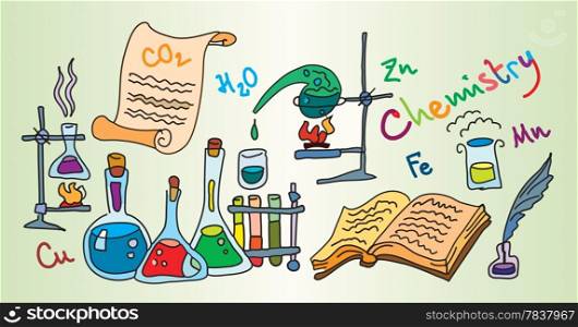 Chemistry Lab. Color bright decorative background vector illustration.