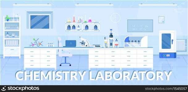 Chemistry laboratory banner flat vector template. Pharmacological research center brochure, booklet one page concept design with cartoon illustrations. Science lab, medical clinic flyer, leaflet. Chemistry laboratory banner flat vector template