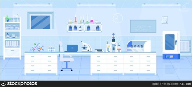 Chemistry laboratory flat color vector illustration. Science lab, pharmaceutical research center 2D cartoon interior design with medical equipment on background. Modern medical institution decor. Chemistry laboratory flat color vector illustration