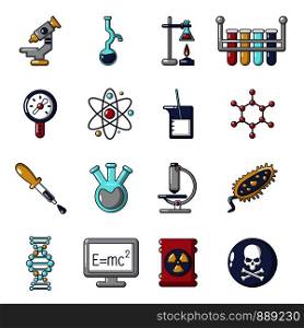 Chemistry laboratory icons set. Cartoon illustration of 16 chemistry laboratory vector icons for web. Chemistry laboratory icons set, cartoon style