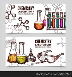 Chemistry Laboratory Sketch Banners. Two hand drawn style banners with titles of chemistry laboratory equipments and elements isolated vector illustration