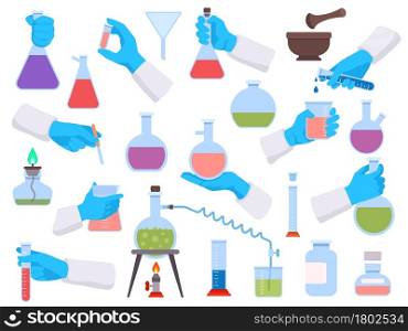 Chemistry laboratory test tubes and science tools for experiment. Chemist or doctor hands in gloves hold lab beakers and flasks vector set. Illustration of test-tube for pharmacology technology. Chemistry laboratory test tubes and science tools for experiment. Chemist or doctor hands in gloves hold lab beakers and flasks vector set