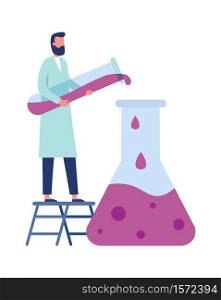 Chemistry laboratory worker. Man in white coat doing clinical science experiments with equipment. Medical researcher pouring liquid from tube to big flask standing on ladder vector illustration. Chemistry laboratory worker. Man in white coat doing clinical science experiments with equipment as tube, flask