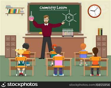 Chemistry lesson classroom illustration. Chemistry lesson classroom vector illustration. School chemistry lab with boys and girls kids and teacher front of chalkboard