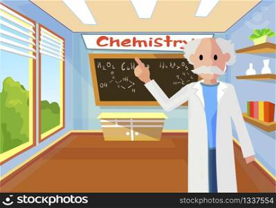 Chemistry Lesson in Primary Children School Vector Illustration. Lesson Teacher Shows Finger. An Elderly Man in Bathrobe Helps Children Learn Lesson Remember Important Thoughts do Homework Well.