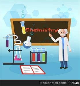 Chemistry Lesson Teacher in Smock Elderly Standing at Blackboard Vector Flat Illustration. Reagents and Flasks Tubes with Different Liquids Red Blue Green. Study Recorded in Book Primary School.