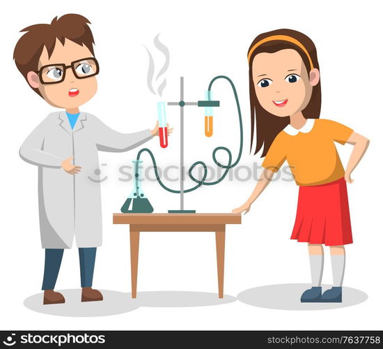 Chemistry lesson vector, isolated boy and girl conducting experiment with substances and chemicals. Teacher and schoolgirl curious character, back to school concept. Flat cartoon. Scientific Experiments of Kids on Chemistry Lesson