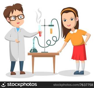 Chemistry lesson vector, isolated boy and girl conducting experiment with substances and chemicals. Teacher and schoolgirl curious character, back to school concept. Flat cartoon. Scientific Experiments of Kids on Chemistry Lesson
