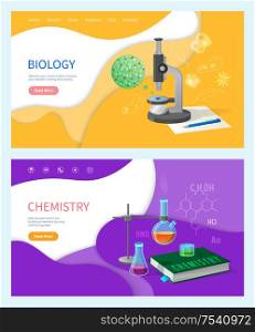 Chemistry lessons in school, biology university college subject set of webs with text sample vector. Biotechnology, organisms discovery and research. Chemistry Lessons in School, Biology Subject Set