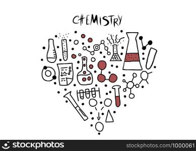 Chemistry objects in doodle style. Science research symbols isolated on white background. Vector heart composition illustration.
