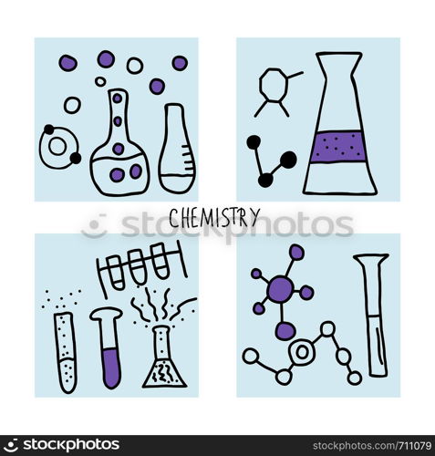 Chemistry objects in doodle style. Science research symbols isolated on white background. Vector illustration.